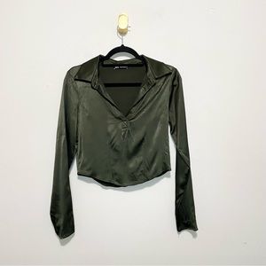 Zara Satin Green Long Sleeve Collared Crop Top